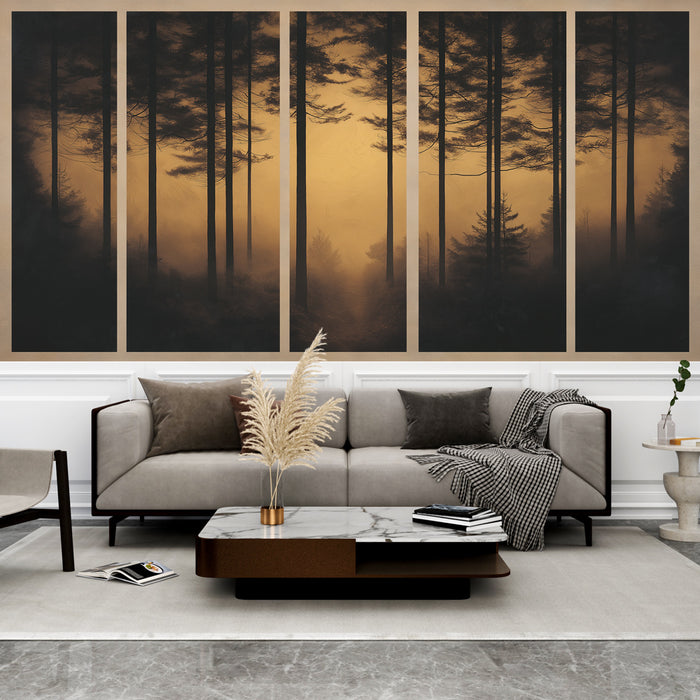 Un salon contemporain avec un papier peint représentant une forêt brumeuse aux teintes chaudes et dorées, créant une atmosphère apaisante et mystérieuse.