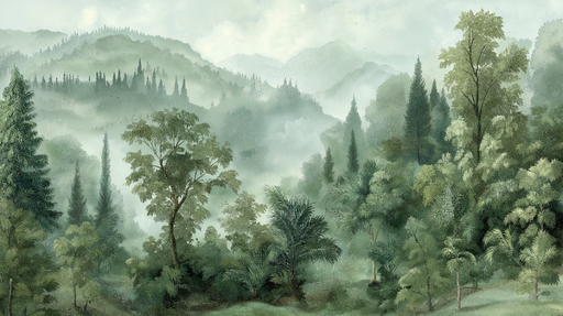 Papier peint paysage forestier Forêt brumeuse avec arbres luxuriants