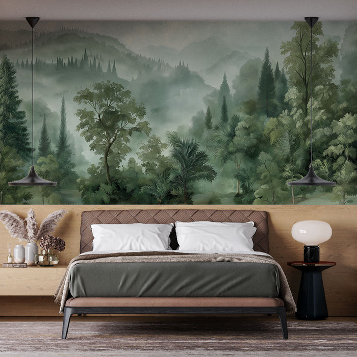 Une chambre moderne avec un papier peint représentant une forêt dense aux nuances de vert, créant une atmosphère apaisante et naturelle.