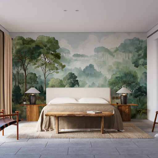 Une chambre moderne avec un papier peint représentant une forêt verdoyante aux nuances de vert et de bleu, créant une atmosphère apaisante et naturelle.
