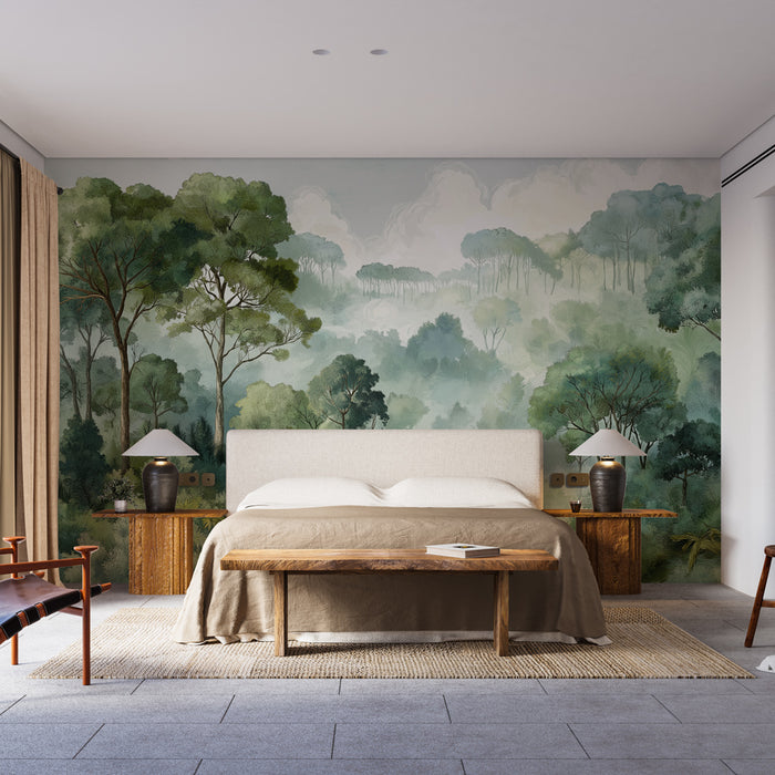 Une chambre moderne avec un papier peint représentant une forêt verdoyante aux nuances de vert et de bleu, créant une atmosphère apaisante et naturelle.