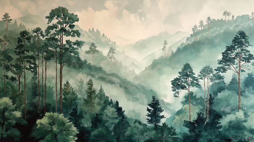 Papier peint paysage forestier Forêt embrumée avec arbres majestueux