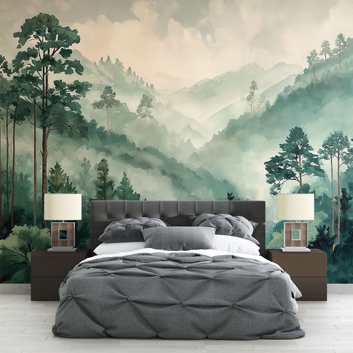 Une chambre apaisante avec un papier peint représentant une forêt montagneuse aquarelle dans des teintes vertes et douces, créant une ambiance naturelle et sereine.