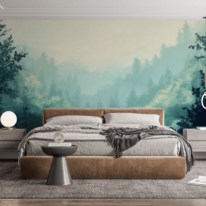 Papier peint paysage forestier avec montagnes embrumées et feuillage apaisant pour chambre moderne