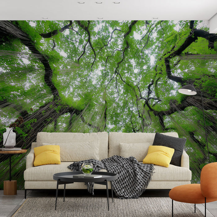 Un salon moderne avec un papier peint représentant une vue plongeante sur un feuillage verdoyant, créant une atmosphère apaisante et naturelle.