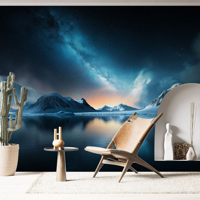 Papier peint paysage glacial avec montagnes enneigées sous un ciel étoilé pour salon moderne.
