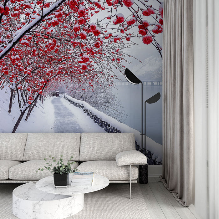Papier peint paysage hivernal | Allée bordée de cerisiers avec neige et fleurs rouges