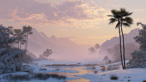 Papier peint paysage hivernal Montagnes enneigées avec palmiers et rivière paisible