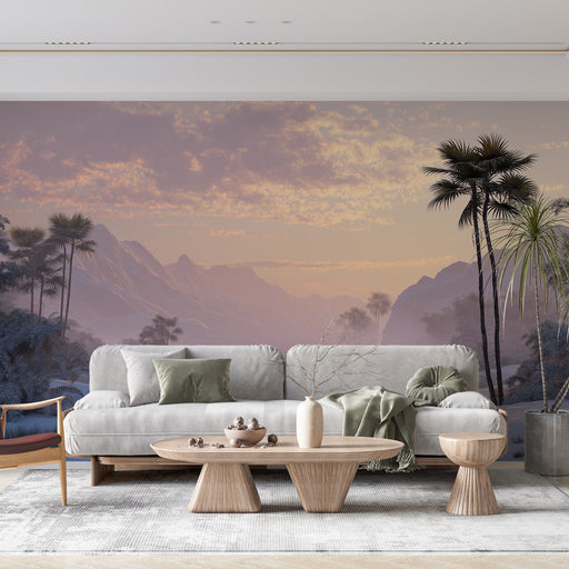 Une pièce moderne avec un papier peint représentant un paysage montagneux aux teintes pastel, créant une atmosphère sereine et apaisante.
