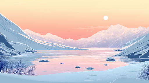 Papier peint paysage hivernal Montagnes enneigées et lac aux reflets doux