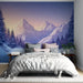 Une chambre moderne avec un papier peint représentant des montagnes majestueuses sous un ciel étoilé aux teintes douces de violet et rose, créant une ambiance sereine et apaisante.