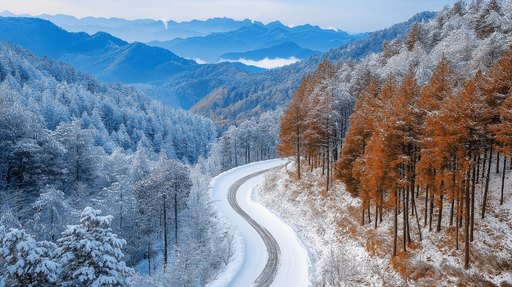 Papier peint paysage hivernal Route sinueuse entre montagnes enneigées