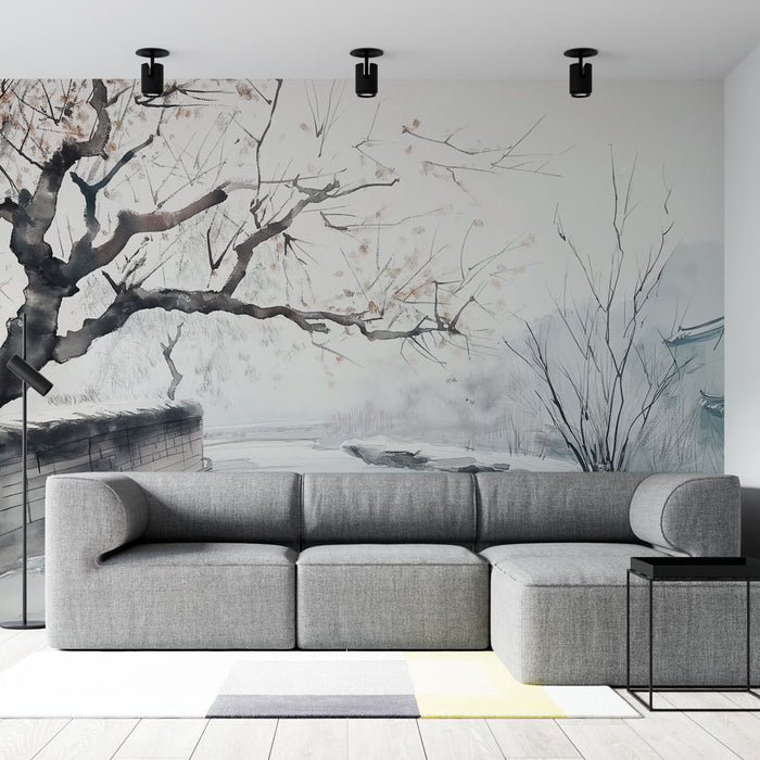 Une pièce moderne avec un papier peint artistique représentant un paysage hivernal aux nuances de gris et de beige, créant une atmosphère calme et apaisante.