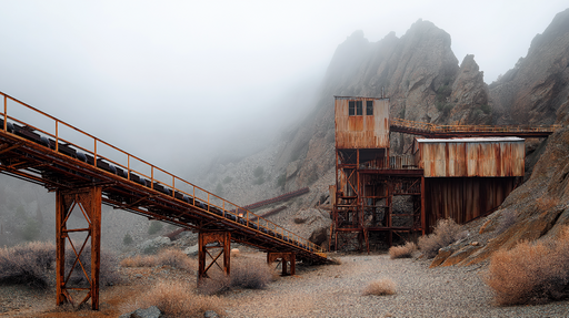Papier peint paysage industriel Ancien site minier enveloppé de brume