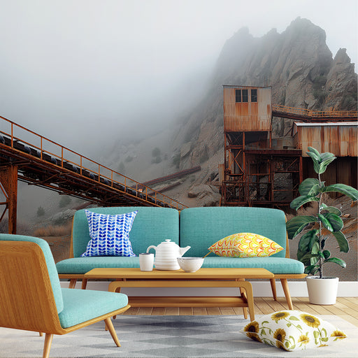 Un salon moderne avec un papier peint représentant un paysage industriel brumeux, mêlant des teintes rouillées et des nuances de gris, créant une atmosphère mystérieuse et captivante.