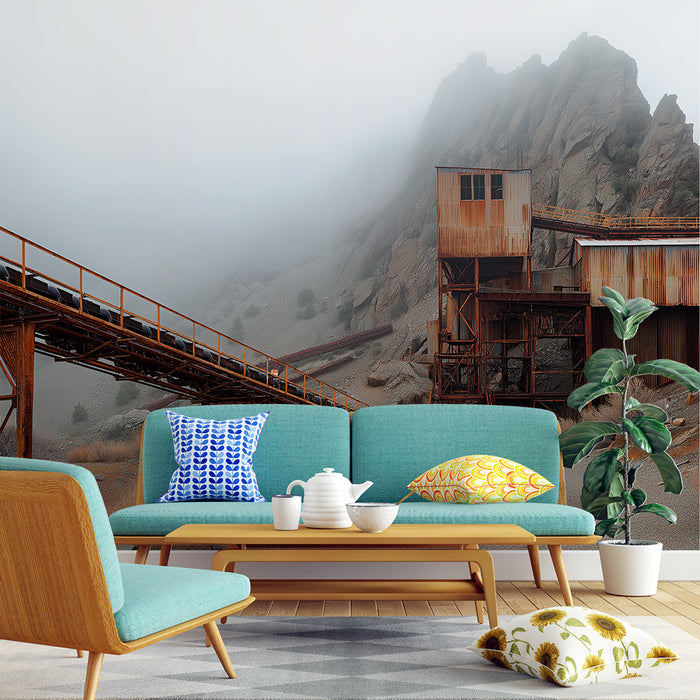 Un salon moderne avec un papier peint représentant un paysage industriel brumeux, mêlant des teintes rouillées et des nuances de gris, créant une atmosphère mystérieuse et captivante.