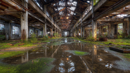 Papier peint paysage industriel Atmosphère d'une usine abandonnée avec végétation luxuriante