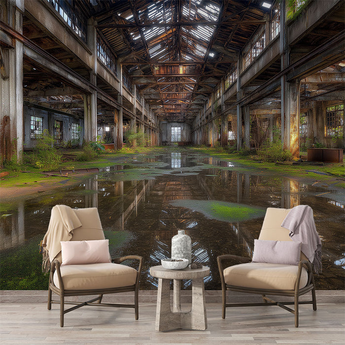 Papier peint paysage industriel | Atmosphère d'une usine abandonnée avec végétation luxuriante