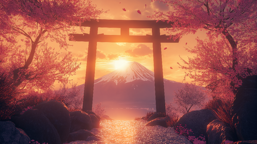 Papier peint paysage japonais Mont Fuji au coucher de soleil avec cerisiers en fleurs