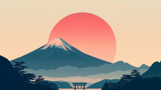 Papier peint paysage japonais Montagne et soleil couchant