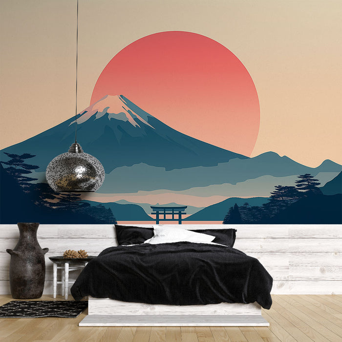 Papier peint paysage japonais | Montagne et soleil couchant