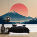Papier peint paysage japonais avec montagne et soleil couchant pour décoration murale zen.