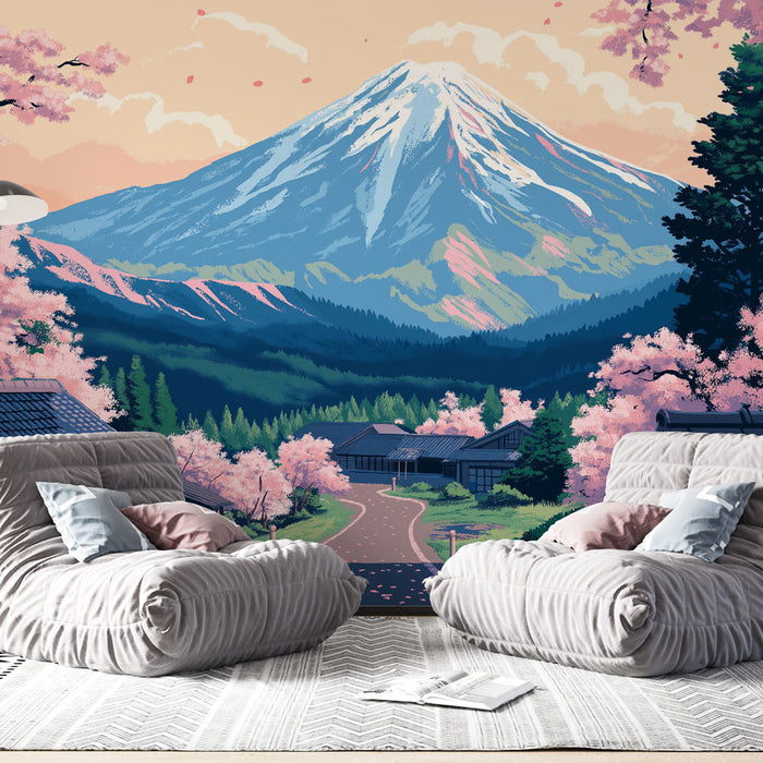 Une pièce moderne avec un papier peint représentant un paysage montagneux apaisant, orné de cerisiers en fleurs et de teintes pastel.