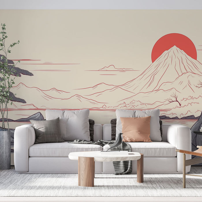 Un salon contemporain avec un papier peint illustrant un paysage montagneux minimaliste en rouge et beige, évoquant une atmosphère zen et apaisante.