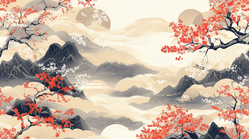 Papier peint paysage japonais Montagnes et fleurs de cerisier