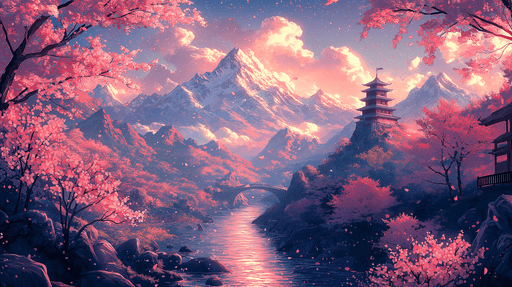Papier peint paysage japonais Montagnes majestueuses et cerisiers en fleurs