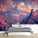 Une chambre moderne avec un papier peint représentant un paysage montagneux féérique aux teintes roses et violettes, évoquant une atmosphère sereine et poétique.