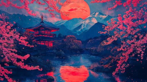 Papier peint paysage japonais Montagnes majestueuses et fleurs de cerisier au coucher de soleil
