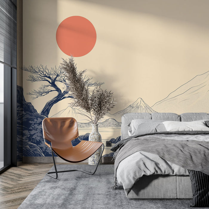 Une chambre moderne avec un papier peint inspiré du paysage asiatique, représentant des montagnes et un arbre stylisé sous un soleil rouge, créant une atmosphère zen et apaisante.