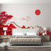 Papier peint paysage japonais avec montagnes rouges et soleil levant pour chambre moderne