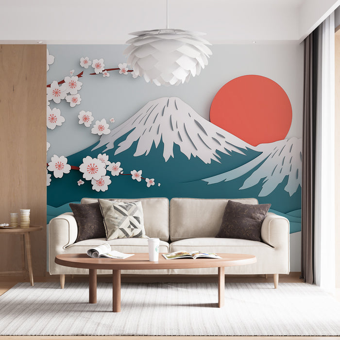 Un salon contemporain avec un papier peint illustrant des montagnes stylisées et un soleil rouge, agrémenté de fleurs de cerisier, créant une ambiance zen et apaisante.