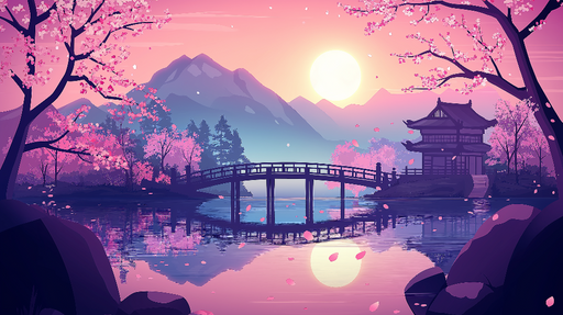 Papier peint paysage japonais Scène romantique au coucher de soleil avec cerisiers en fleur