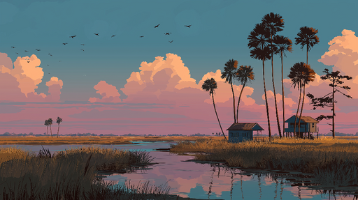 Papier peint paysage lacustre Coucher de soleil avec palmiers et maisons en bois