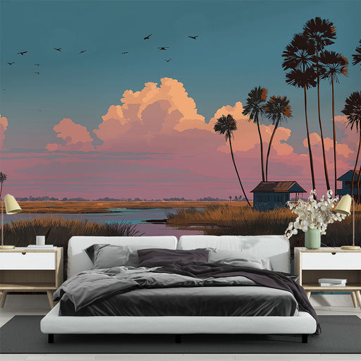 Une chambre moderne avec un papier peint représentant un paysage serein au crépuscule, mêlant des teintes douces de bleu, rose et orange, évoquant une ambiance apaisante et naturelle.
