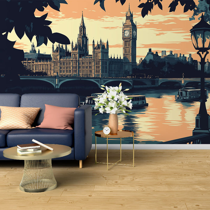 Papier peint paysage londonien avec vue artistique de Big Ben au coucher du soleil pour salon élégant.