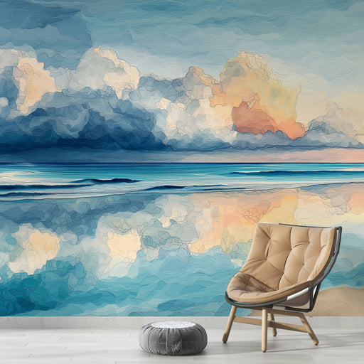 Une pièce moderne avec un papier peint représentant un paysage marin abstrait aux nuances de bleu et de pastel, évoquant une atmosphère sereine et apaisante.
