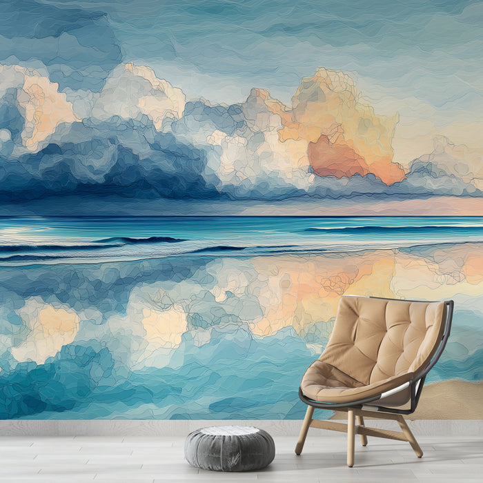 Une pièce moderne avec un papier peint représentant un paysage marin abstrait aux nuances de bleu et de pastel, évoquant une atmosphère sereine et apaisante.