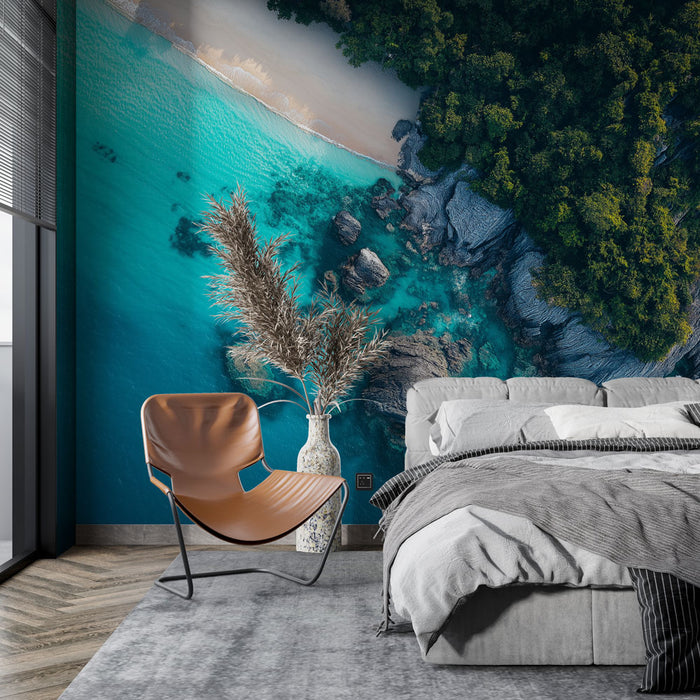 Papier peint paysage marin | Côtière paisible avec eaux turquoise et rochers