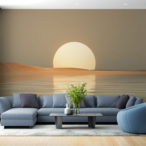 Un salon contemporain avec un papier peint représentant un paysage désertique apaisant, où un grand soleil se reflète sur des dunes douces et des eaux calmes.