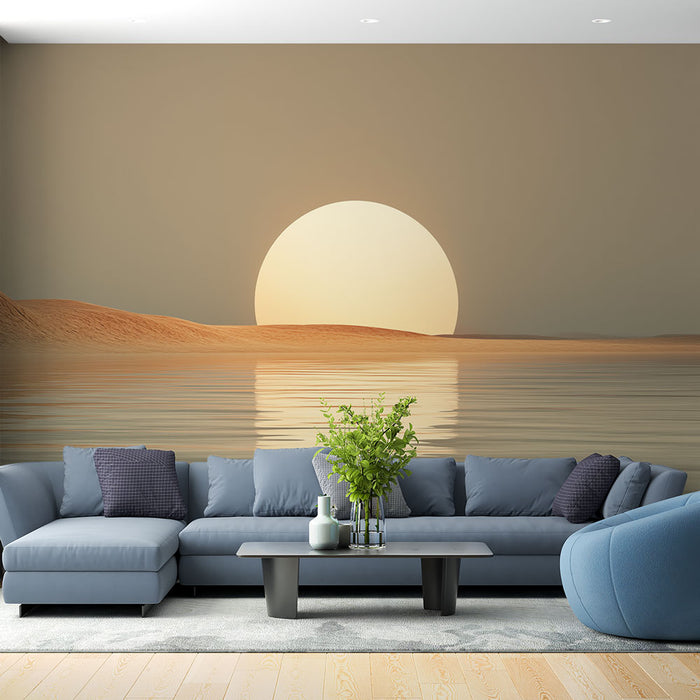 Un salon contemporain avec un papier peint représentant un paysage désertique apaisant, où un grand soleil se reflète sur des dunes douces et des eaux calmes.