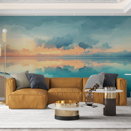 Un salon moderne avec un papier peint représentant un paysage marin abstrait aux teintes bleu et orange, créant une atmosphère apaisante et rêveuse.