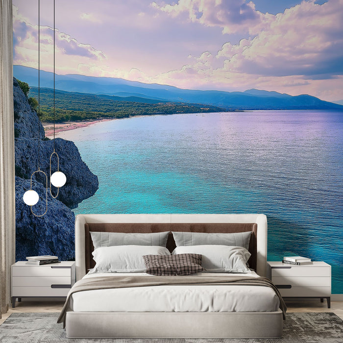 Papier peint paysage marin | Coucher de soleil sur une mer turquoise