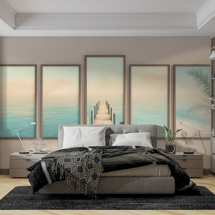 Une chambre moderne avec un papier peint représentant un quai s'étendant sur une mer calme, créant une atmosphère sereine et apaisante.