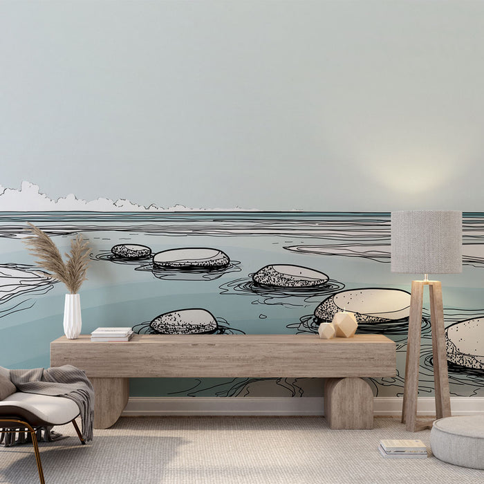 Une pièce moderne avec un papier peint illustrant des pierres sur un fond aquatique aux teintes douces, créant une atmosphère sereine et apaisante.