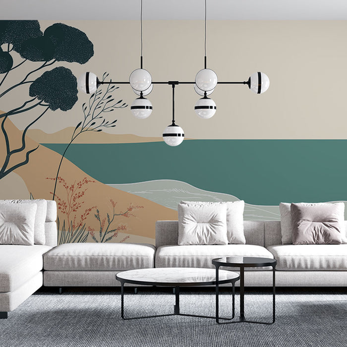 Papier peint paysage marin avec scène tranquille de plage et végétation artistique pour salon moderne
