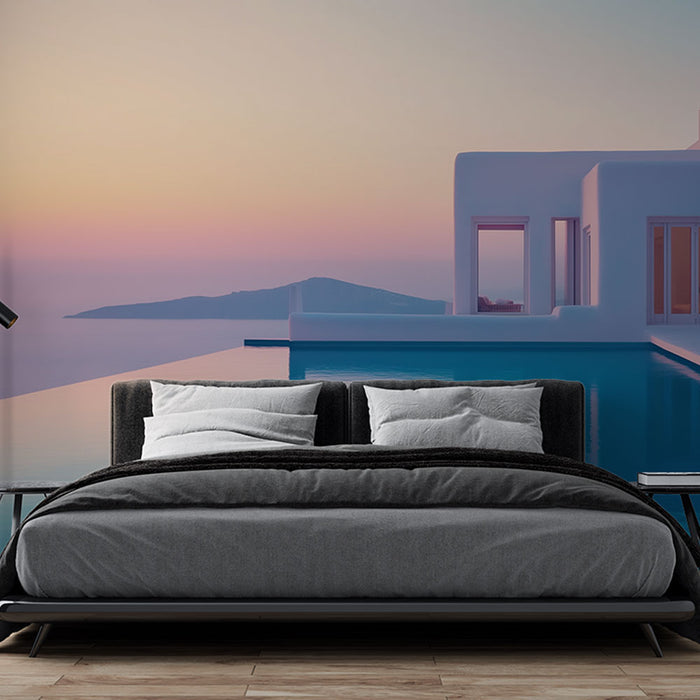 Une chambre moderne avec un papier peint représentant un paysage marin apaisant aux teintes pastel, évoquant une atmosphère sereine et relaxante.